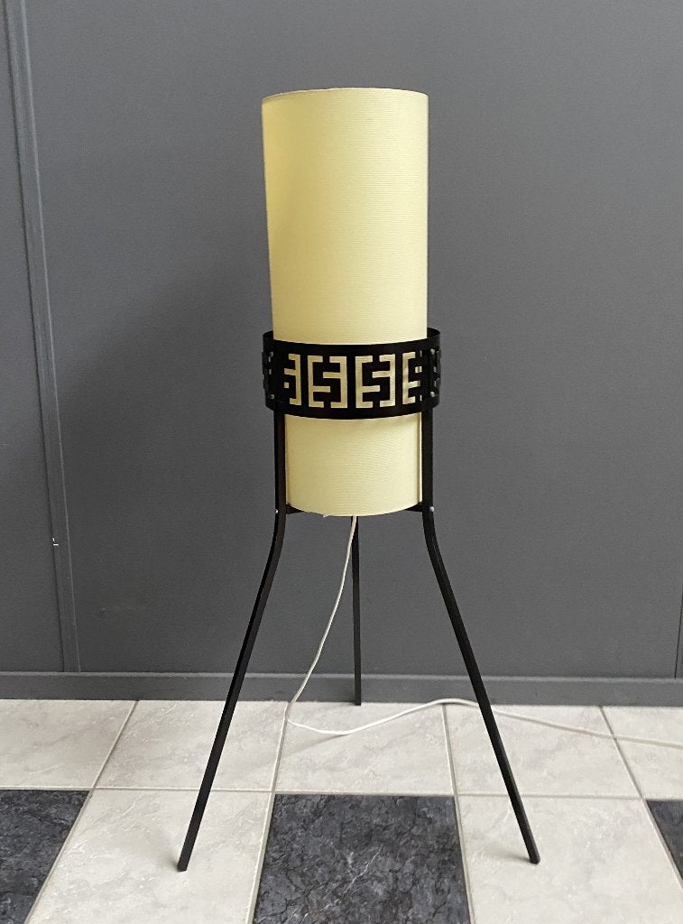 60 jaren gelige koker vloer lamp zwart 3 poot met DOLLAR, Huis en Inrichting, Lampen | Vloerlampen, Ophalen, Gebruikt, 100 tot 150 cm