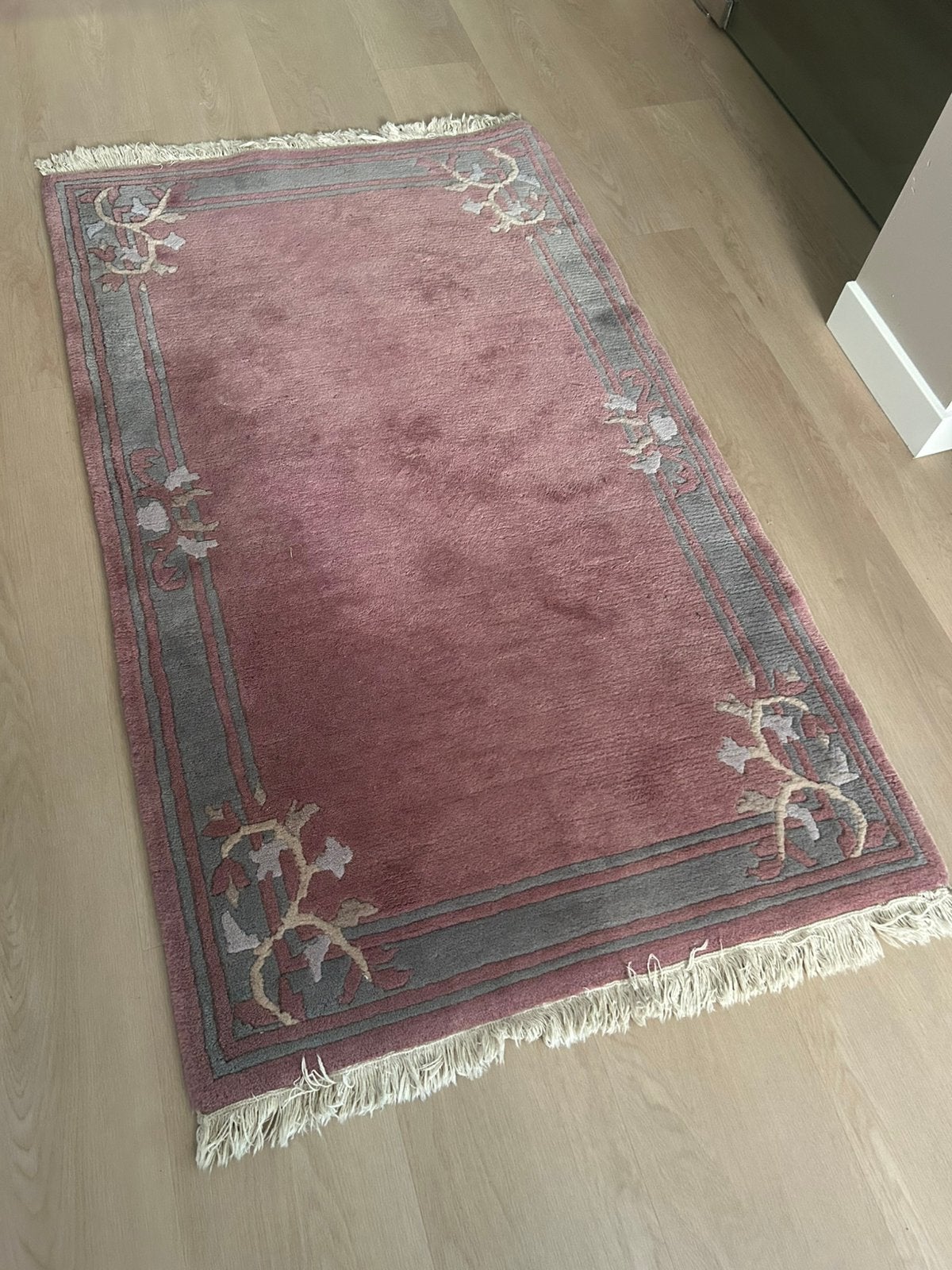 Sfeervol wollen vloerkleed (92 x 167 cm) – Roze/Grijs, 200 cm of meer, Ophalen of Verzenden, Zo goed als nieuw, Grijs
