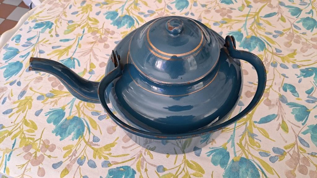 Grote geëmailleerde waterketel 4,5- 5 liter - Blauw met goud, Ophalen of Verzenden