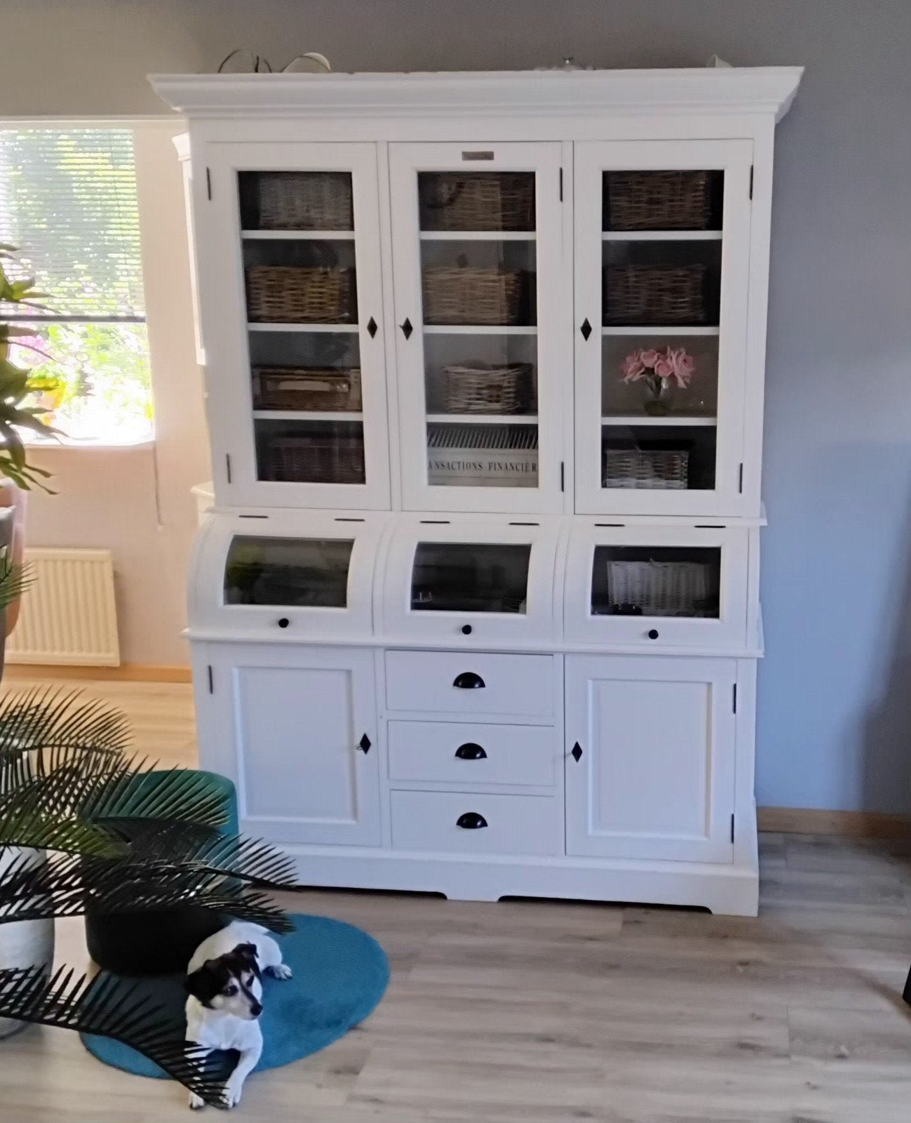 Witte buffetkast met bolle kleppen en facet geslepen glas, Ophalen, Gebruikt, 200 cm of meer, Glas