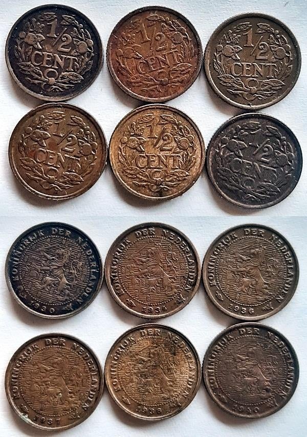 6 halve centen 1930-1940, Verzenden, Koningin Wilhelmina, Overige waardes