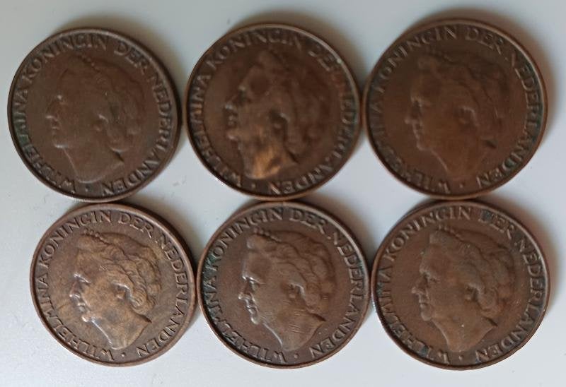 6 Stuks koperen 5 centen wilhelmina 1948, Ophalen of Verzenden, Koningin Wilhelmina, 5 cent, Setje