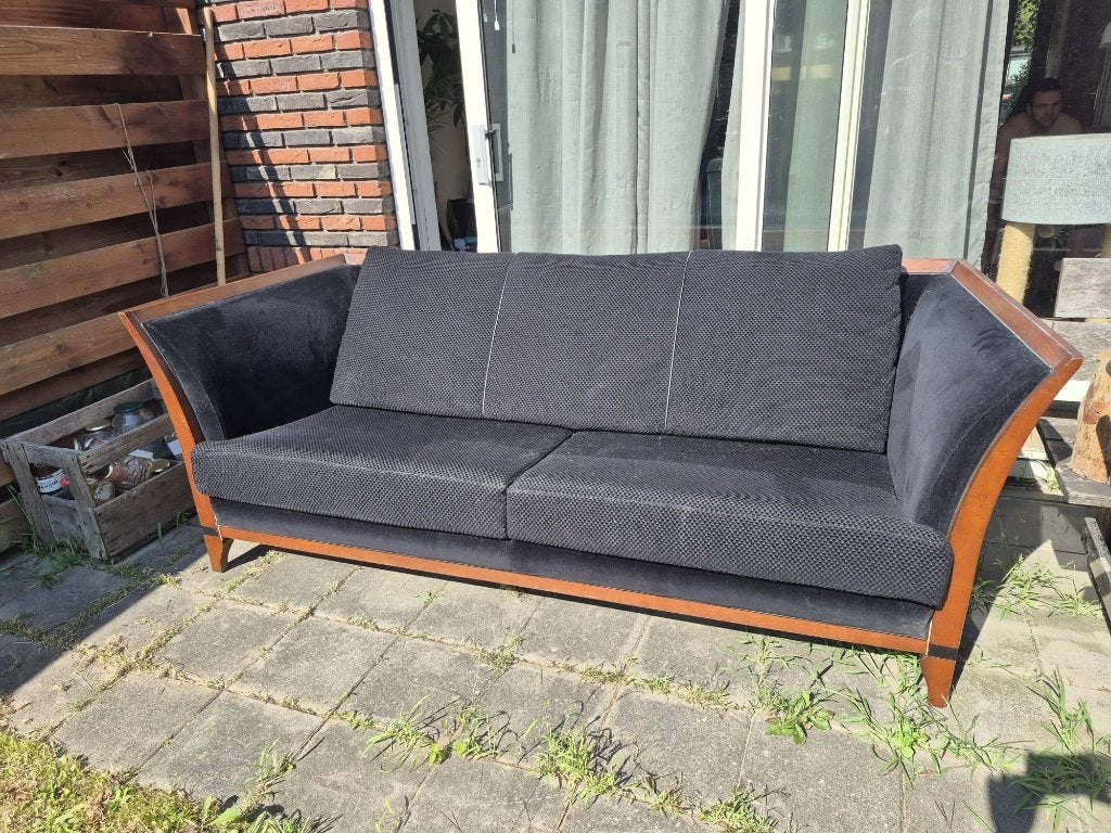 Zitbank zwart met hout, Gebruikt, 150 tot 200 cm, Driepersoons, 75 tot 100 cm