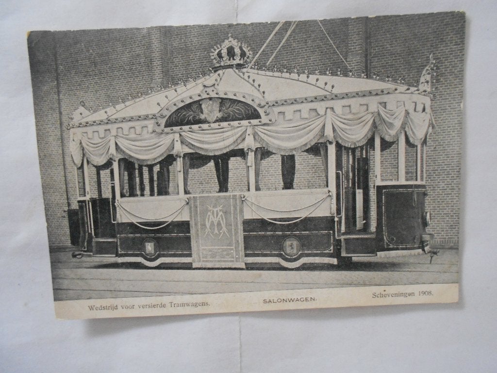 Salonwagen Scheveningen 1908 versierde Tramwagen topkaart, Ophalen of Verzenden, Voor 1920, Ongelopen, Voertuig