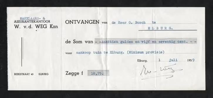 Elburg Nota Ontvangstbewijs Ass. Kantoor W. v.d. Weg 1959., Verzamelen, Ophalen of Verzenden, Zo goed als nieuw