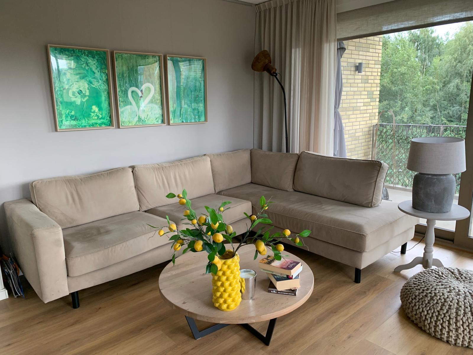 Landelijke bank hoekbank met chaise longue taupe beige, Huis en Inrichting, Ophalen, Gebruikt, Stof