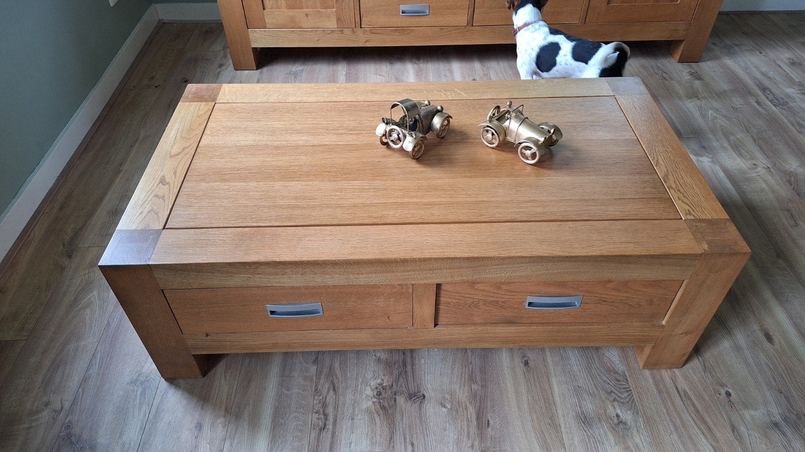 Mooie eikenhouten salontafel, Ophalen, Gebruikt, 100 tot 150 cm, Eikenhout