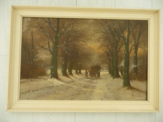 schilderij - WINTERTAFEREEL IN BOS - H. Hermans, Antiek en Kunst, Kunst | Schilderijen | Klassiek, Ophalen, Paneel, Gedateerd