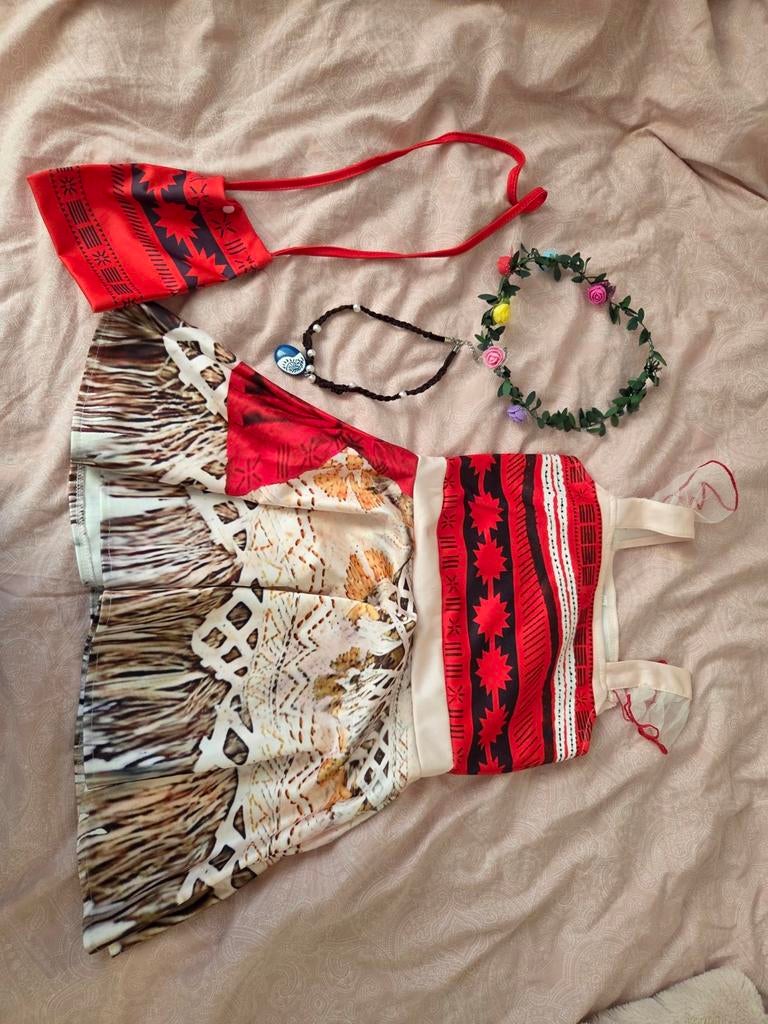 Moana/Vaiana jurk met accessoires - Maat 130, Ophalen, Gebruikt, Meisje, Jurk of Rok