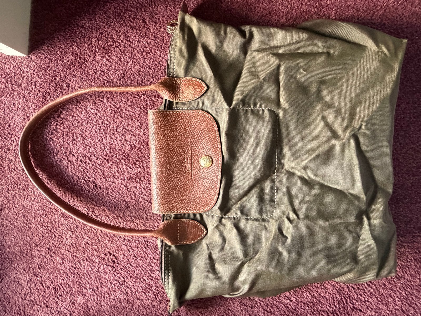 Longchamp Le Pliage Handtas - Groen/Bruin Maat S, Ophalen of Verzenden, Gebruikt, Bruin, Handtas