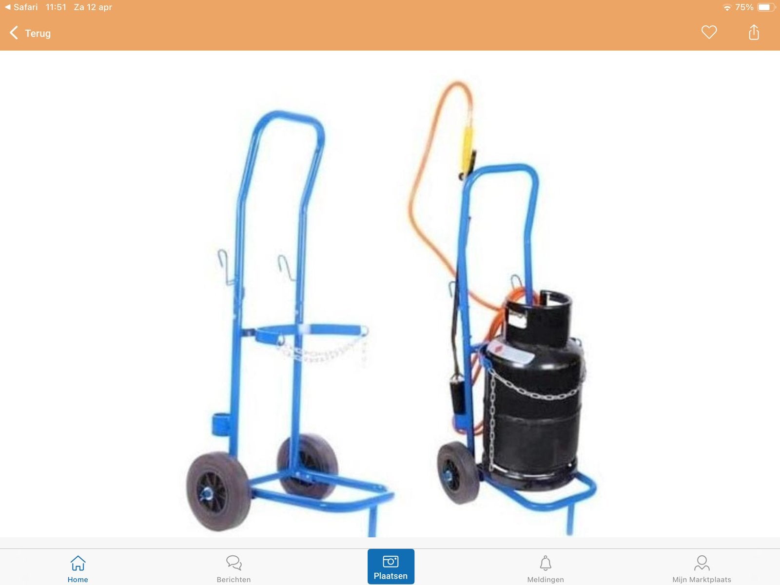 Gasfleswagen. Voor 1 gasfles   € 25,00, Ophalen, Transportkar, 100 liter of meer, Zo goed als nieuw