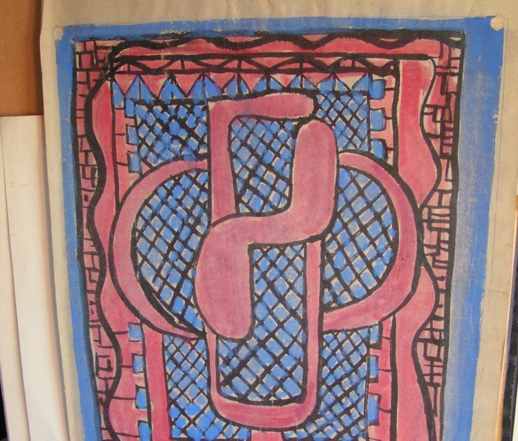 Hubert Bekman "schets ontwerp voor kleden" uit 1958 de NHS, Verzenden, Tekening, Aquarel, Handgemaakt