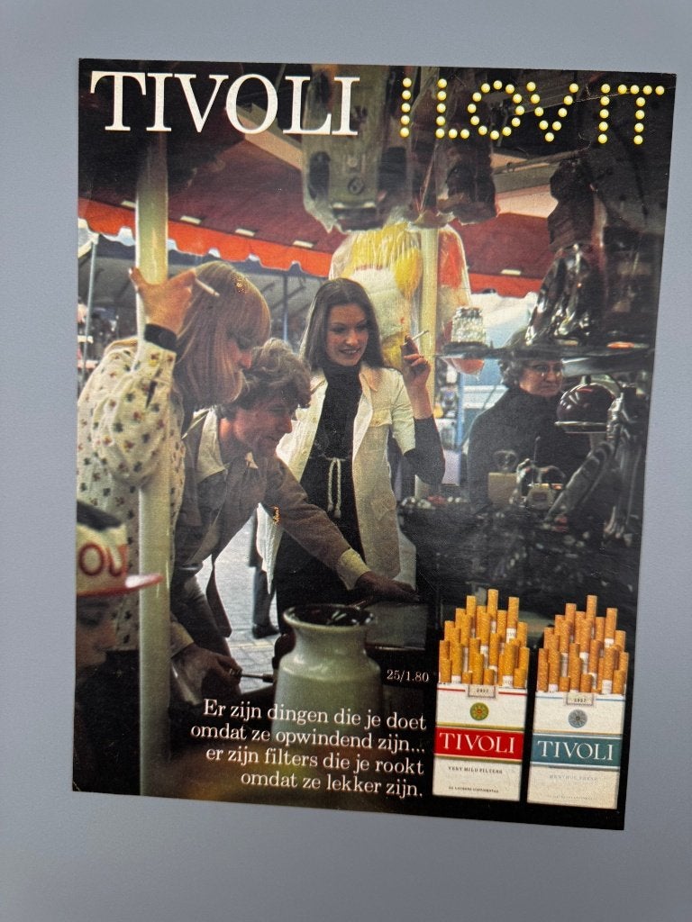 Vintage reclame Tivoli sigaretten, I love it melkbus, Verzenden, Gebruikt, Overige typen