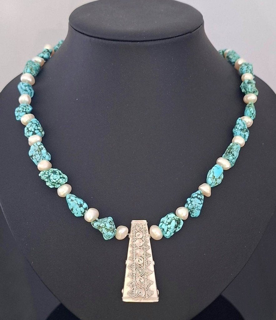 Prachtige Sterling Zilver Navajo Turquoise Parel Ketting, Ophalen of Verzenden, Zilver, Ketting, Met edelsteen