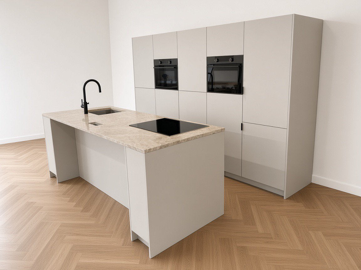 Prachtige showroom keuken met kookeiland Tajmahal blad, Ophalen, Wit, Overige typen, Met kookeiland