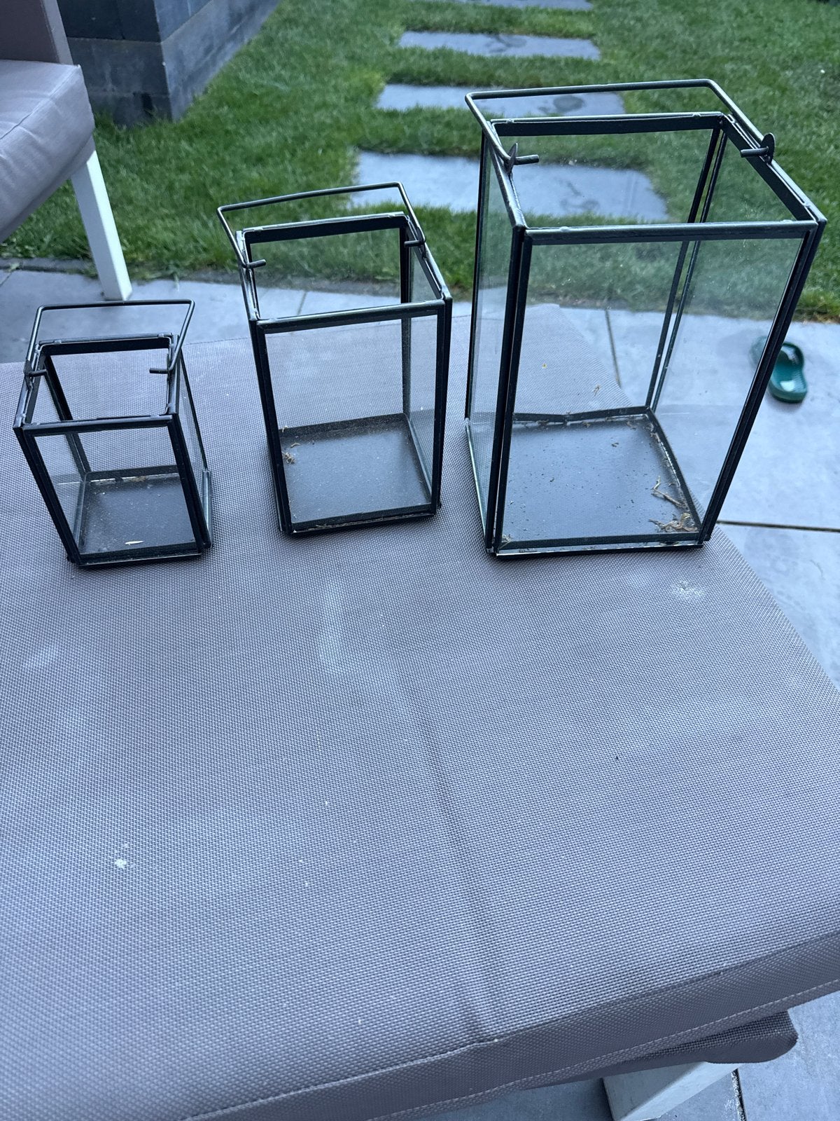 Set van 3 zwarte metalen windlichten/lantaarns, Ophalen, Windlicht, Gebruikt, Zwart