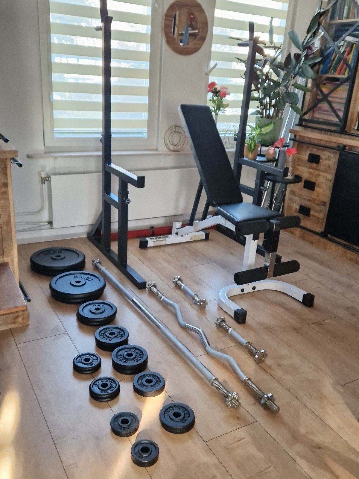 squatrek bankje halterstangen en 100 kg ijzer gewichten, Sport en Fitness, Fitnessmaterialen, Ophalen
