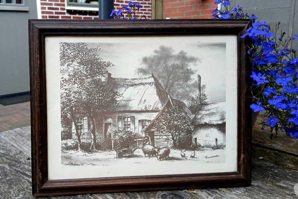 Reint Gerrit Withaar - boerderij - grafiek / prent in houten, Ophalen of Verzenden, Reproductie, Pentekening, Achter glas