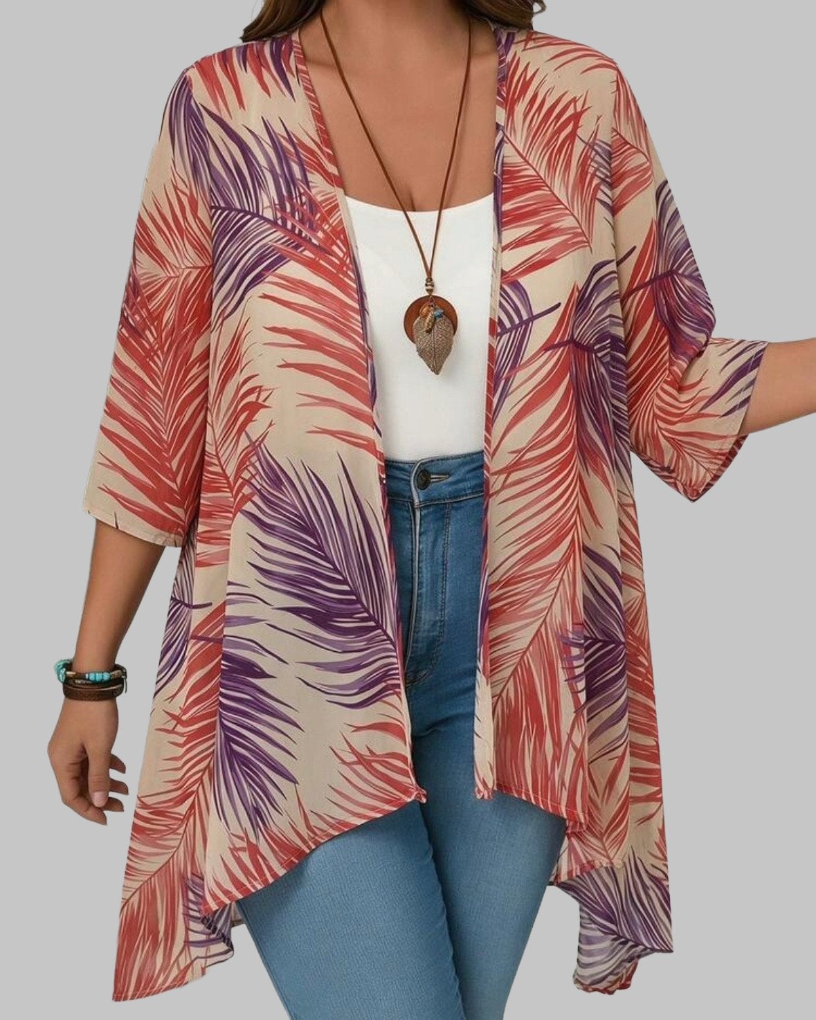 Zomerse Kimono met Bladprint - Beige, Rood, Paars (46-54), Verzenden, Nieuw, Beige, Trui of Vest