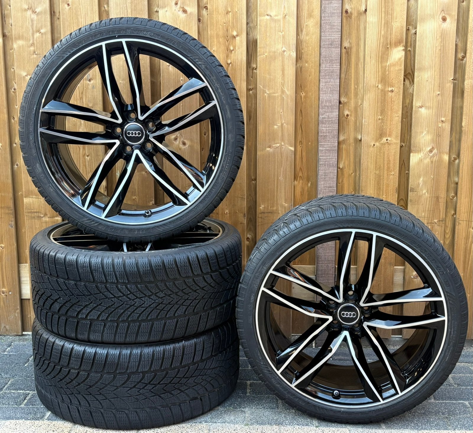 ORIGINELE SET AUDI RS6 21 INCH ZWART GEPOLIJST TPMS, Ophalen, Gebruikt, 285 mm, Banden en Velgen