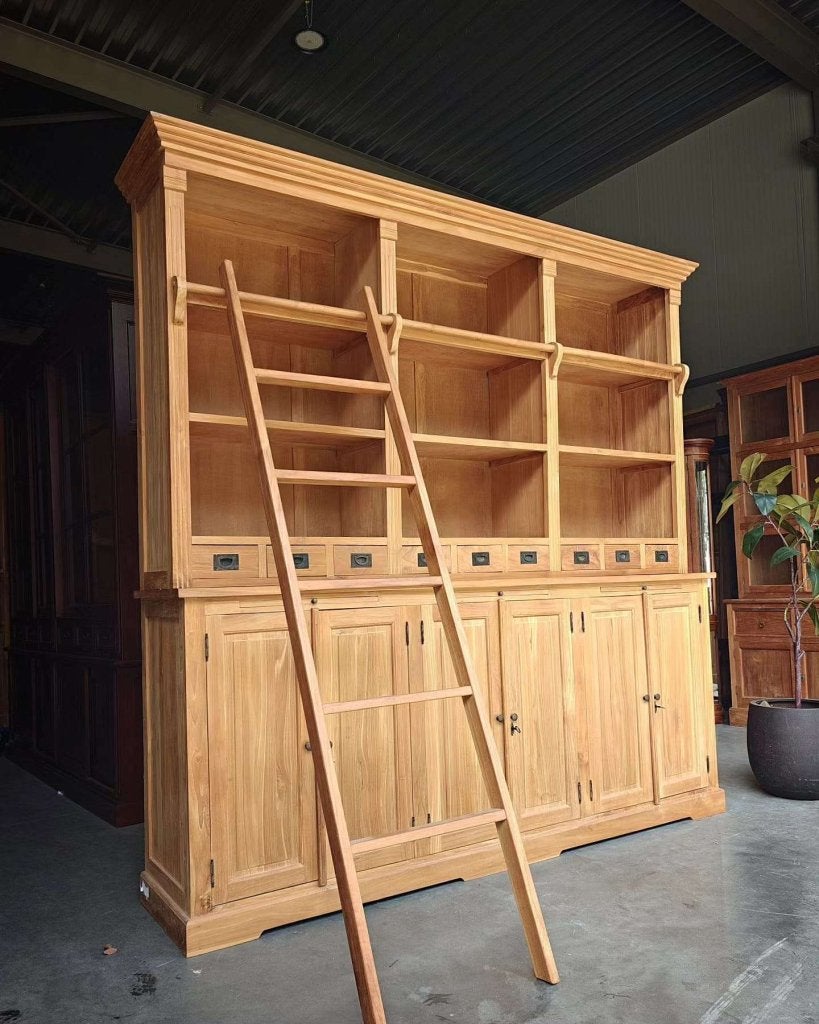 Grote teakhouten boekenkast | Teak kast met ladder  #9402, Huis en Inrichting, Gebruikt, -, 200 cm of meer, -