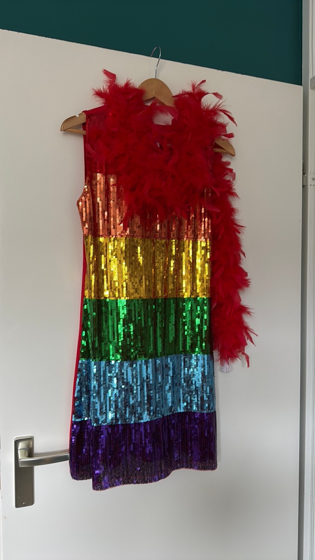 Carnaval/Glitterjurkje met boa, Ophalen of Verzenden, Zo goed als nieuw, Maat 38/40 (M), Carnaval