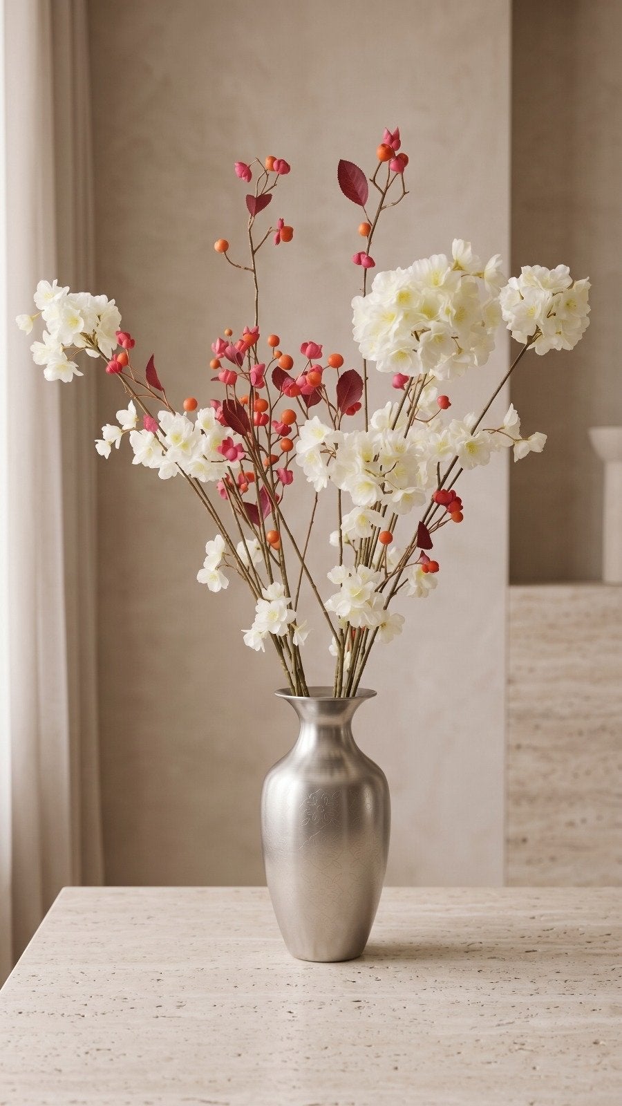 Zilverkleurige vaas met bloemen en bessen, Huis en Inrichting, Inclusief decoratie, Nieuw, Ophalen of Verzenden, Metaal
