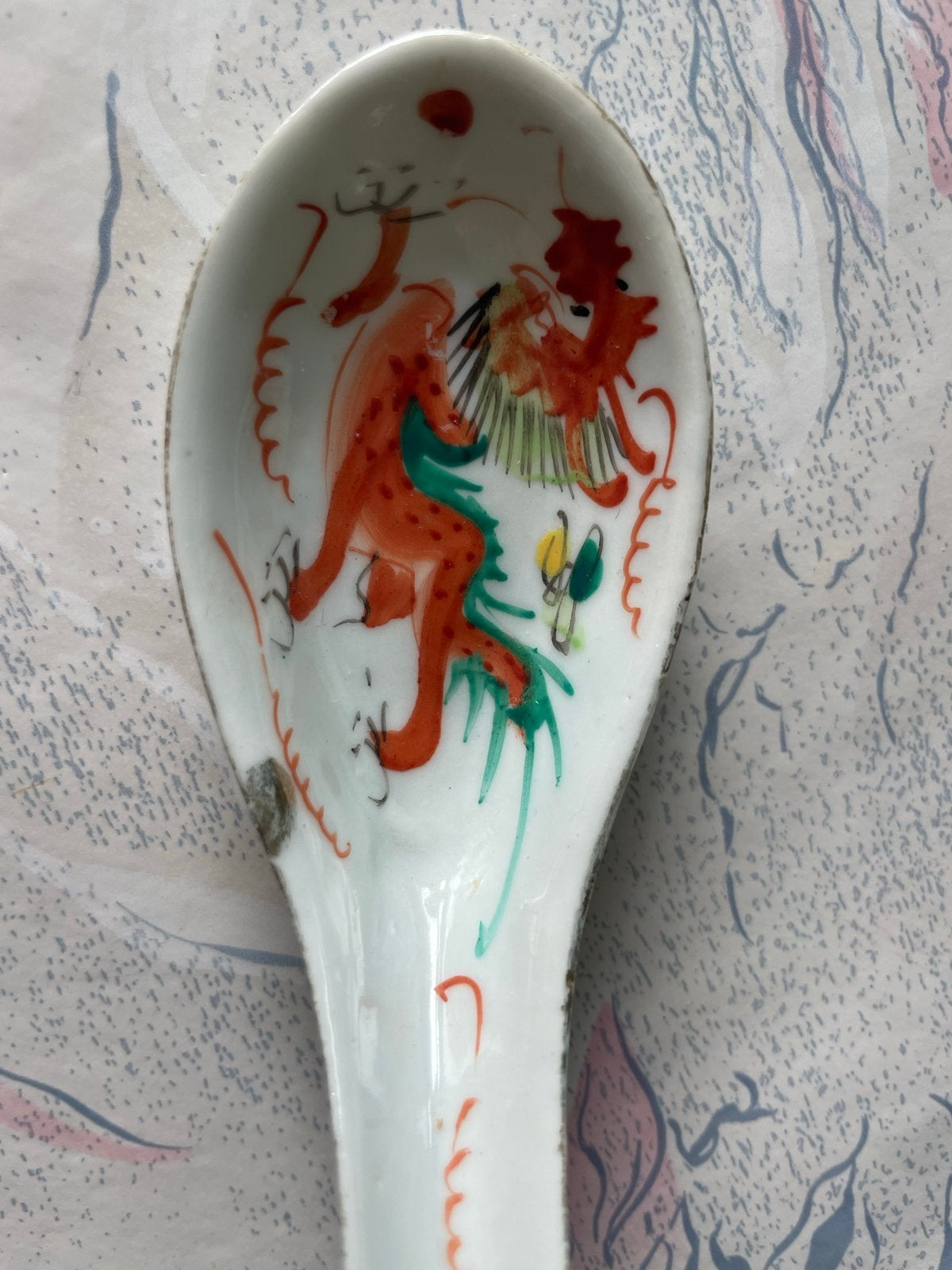 Antieke Chinese porseleinen lepel met haan decoratie, Ophalen of Verzenden