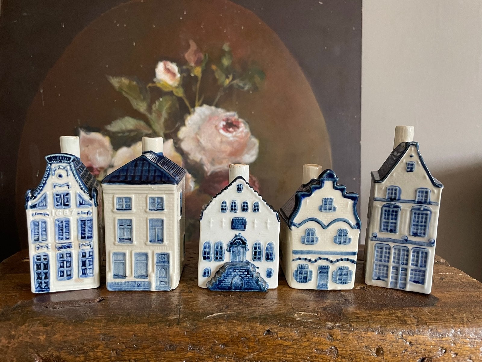 Set van 5 KLM Delfts Blauwe Huisjes - Simon Rynbende, Ophalen of Verzenden, Gebruikt, 1 t/m 20, Gevuld