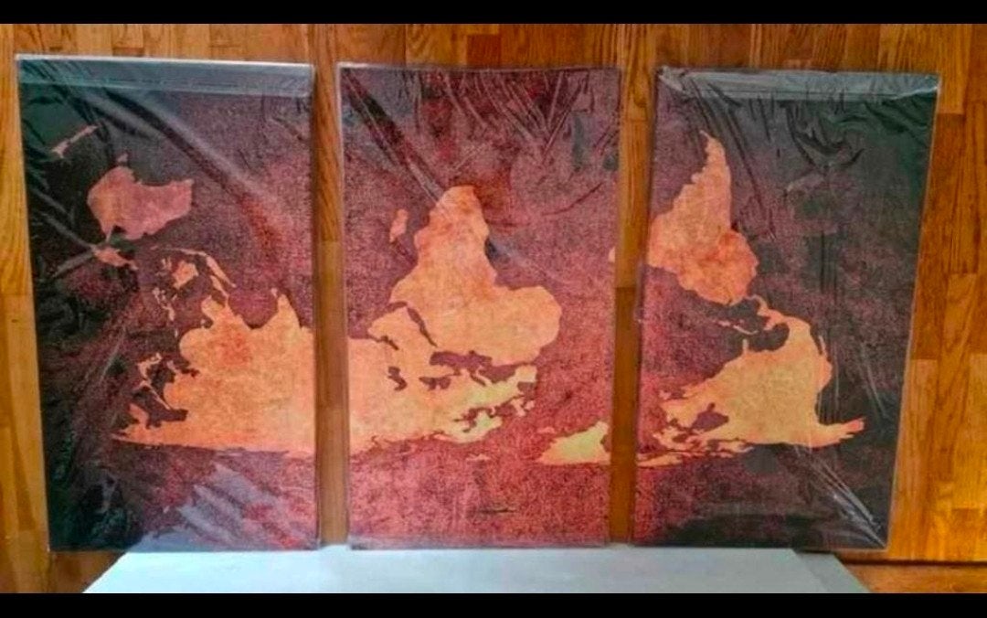 Wereldkaart drieluik op canvas - 90x148cm, Antiek en Kunst, Ophalen of Verzenden