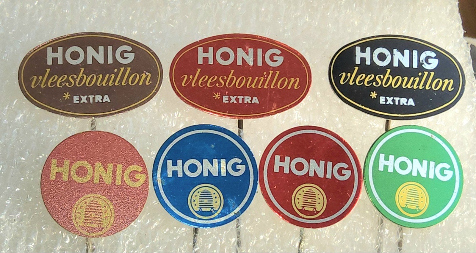 7 Honig Vleesbouillon Speldjes - Vintage Reclame, Ophalen of Verzenden, Gebruikt, Merk, Speldje of Pin