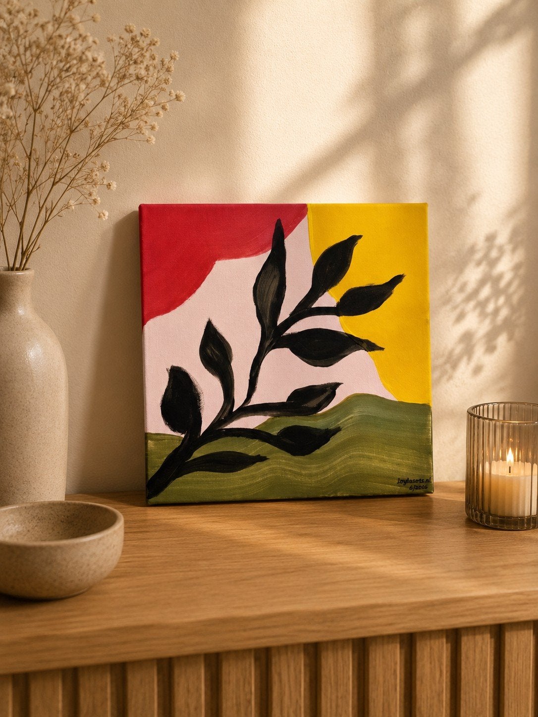 Abstract Schilderij Takje - Handgeschilderd 20x20,5cm, Ophalen of Verzenden