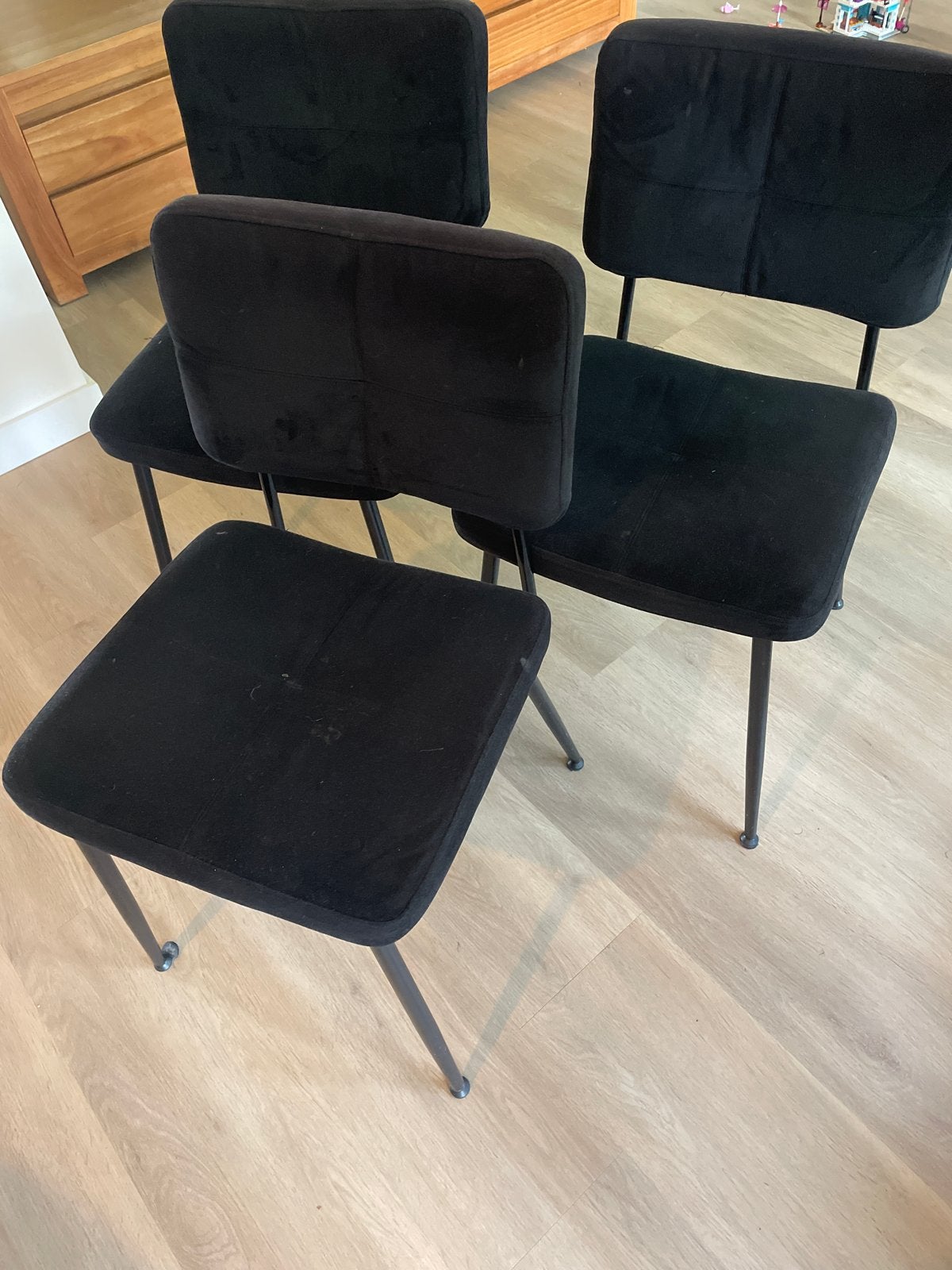 Set van 3 zwarte velours eetkamerstoelen, Ophalen, Gebruikt, Zwart, Drie