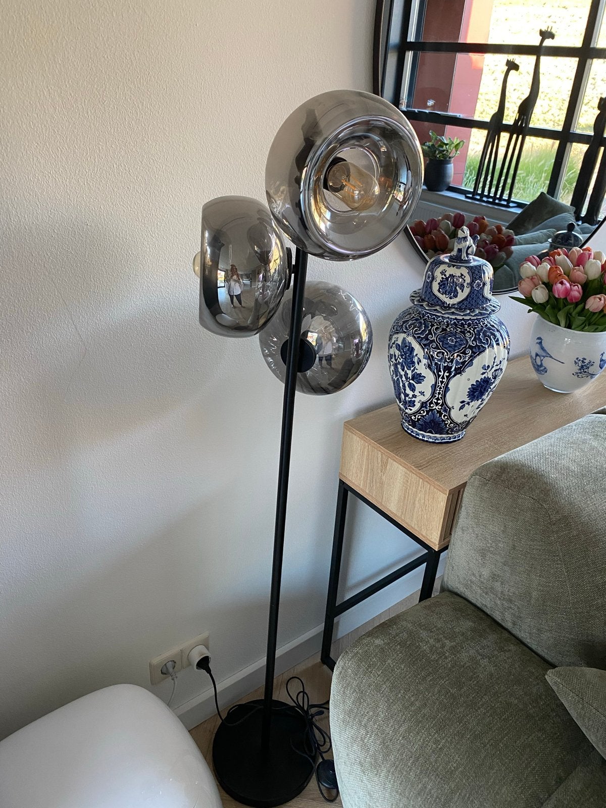 Rookglazen vloerlamp met 3 kappen - 145 cm hoog, Ophalen, Zo goed als nieuw, Glas, 100 tot 150 cm