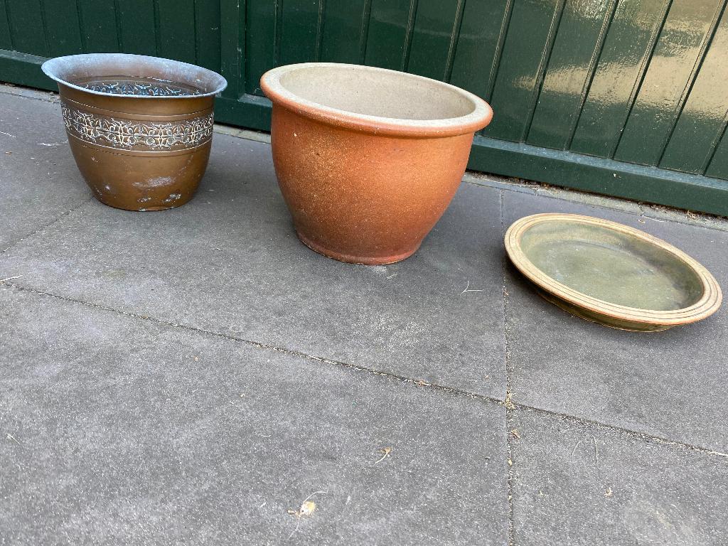 Bloempot met schotel, Gebruikt, Rond, Ophalen of Verzenden, Metaal