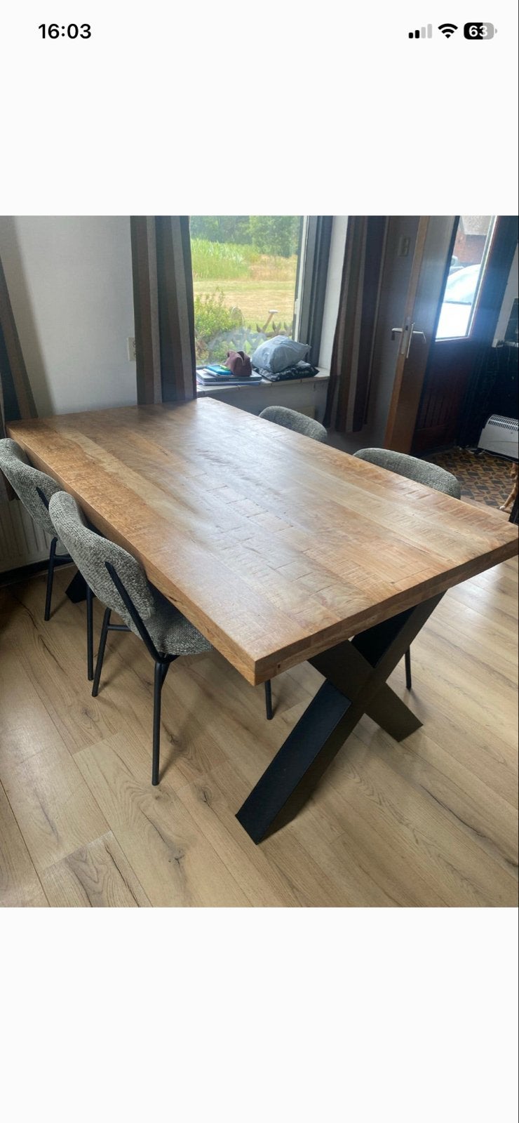 Robuuste eettafel met X-poten - Mangohout, Huis en Inrichting, Tafels | Eettafels, Ophalen, 50 tot 100 cm, Zo goed als nieuw, 150 tot 200 cm