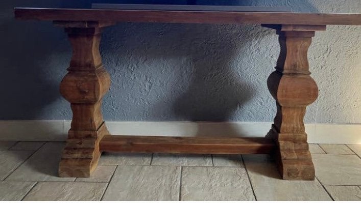 Teak zij tafel met kloosterpoten, Ophalen, Zo goed als nieuw, 25 tot 50 cm, Rechthoekig