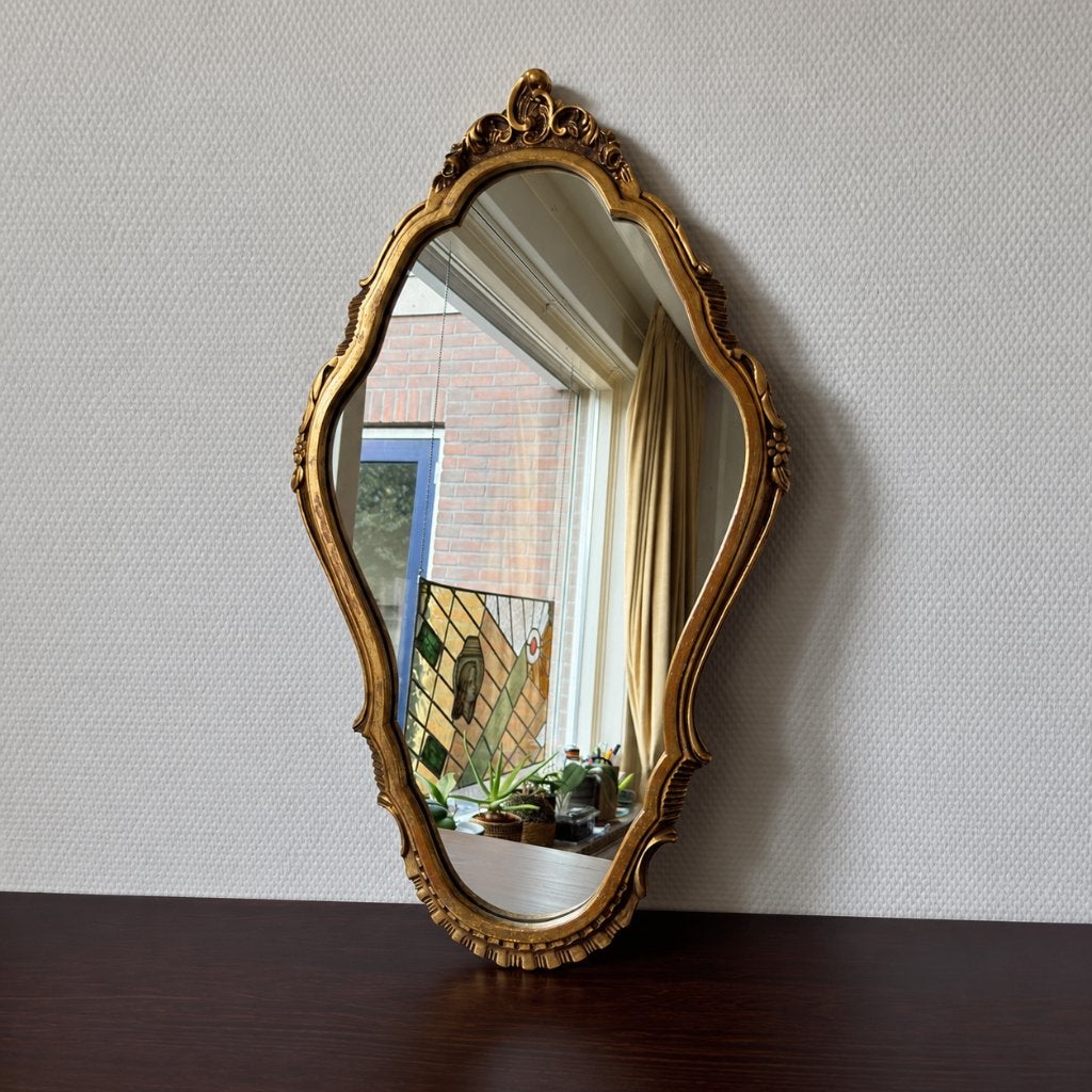 Klassieke Vintage Gouden Spiegel met Sierlijke Lijst, Ophalen, Overige vormen, Minder dan 50 cm, Minder dan 100 cm