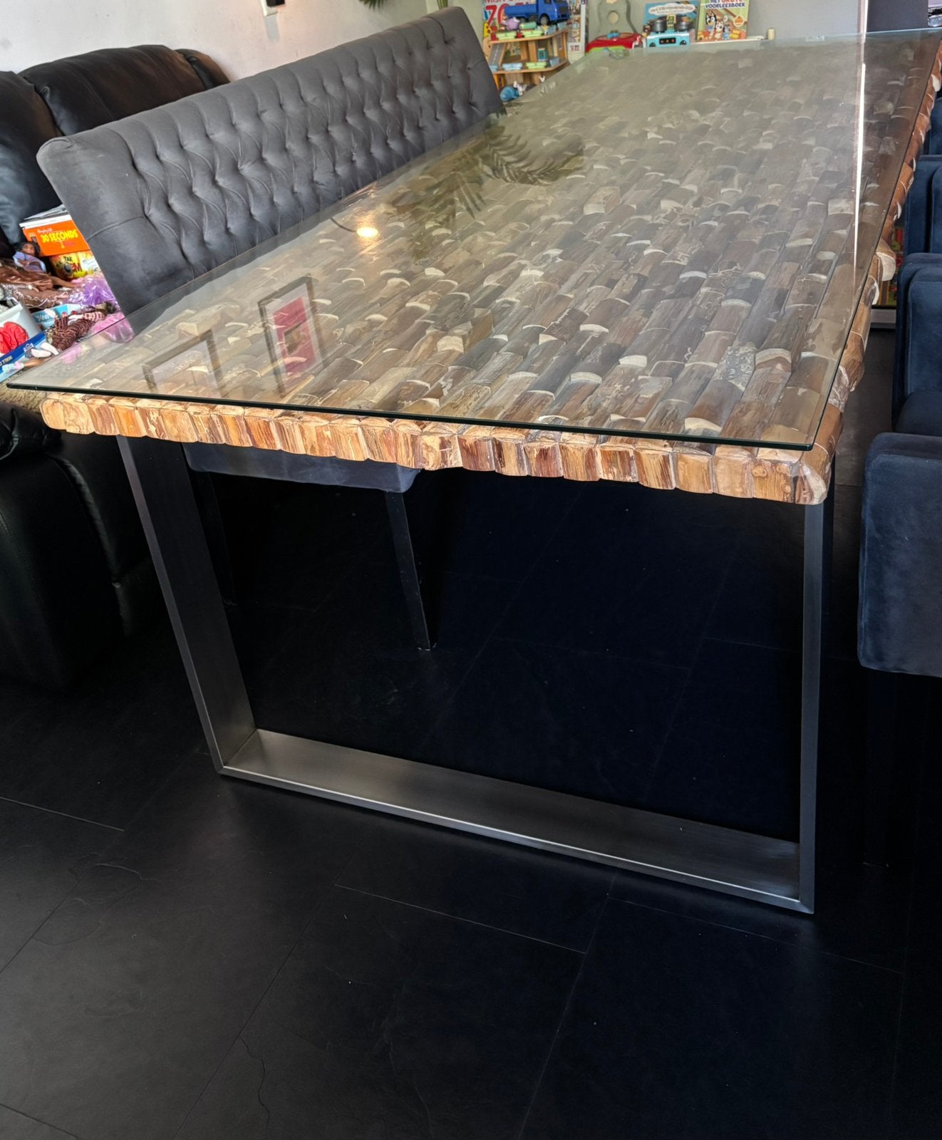 Eettafel hout met glasplaat (gebruikssporen op plaat), Ophalen, Gebruikt, 200 cm of meer, 50 tot 100 cm