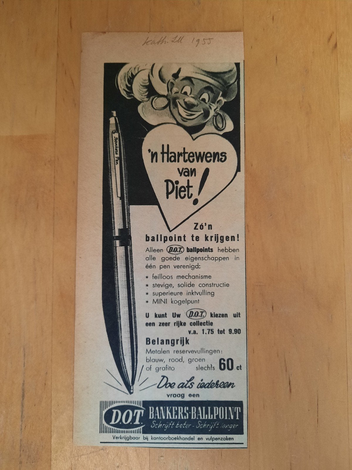 SINTERKLAAS -  ADVERTENTIE - D O.T. BALLPOINT 1955, Ophalen of Verzenden, 1940 tot 1960, Knipsel(s)