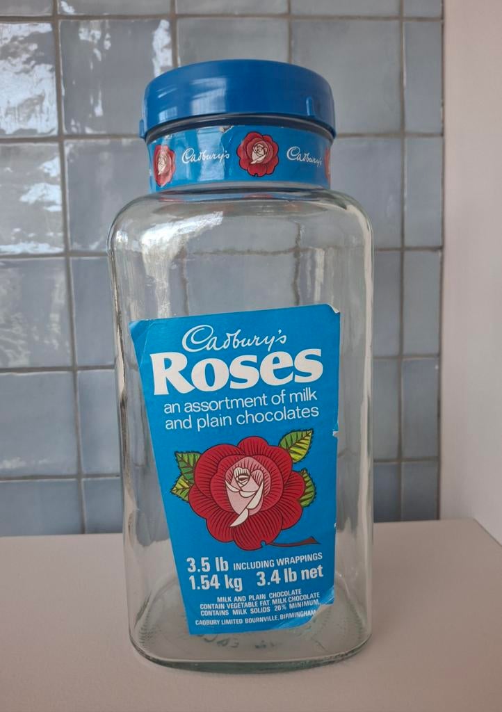 Vintage grote glazen snoeppot Cadbury's Roses jaren 80, Ophalen of Verzenden, Zo goed als nieuw