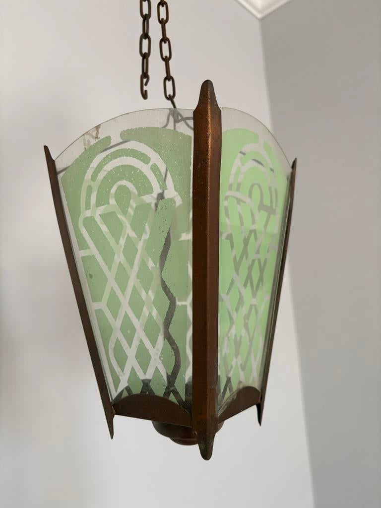 Vintage Lantaarn Hanglamp, Ophalen, Gebruikt, Glas, Minder dan 50 cm