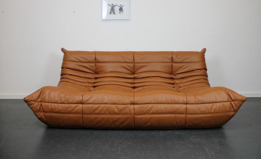 Ligne Roset Togo 3-zits, Cognac leer, Ophalen, 75 tot 100 cm, Leer, Driepersoons