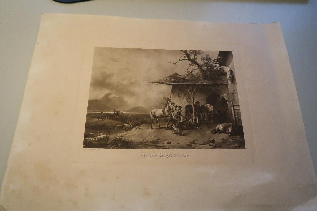 aquarel? "der dorpfschmide",fraaie paarden,afm.21x15 cm, Ophalen of Verzenden