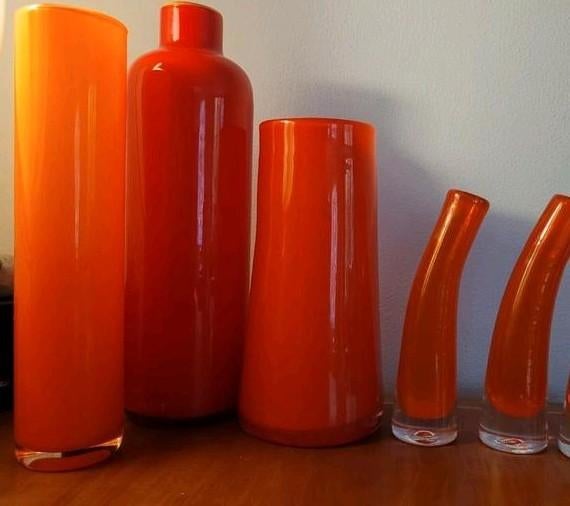 5x glazen vaas gekleurd glas fel oranje vaasje vazen vaasjes, Oranje, Ophalen of Verzenden, Minder dan 50 cm, Glas