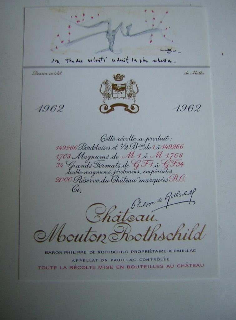 Origineel Chateau Mouton Rothschild Wijn Etiket 1962, Frankrijk, Ophalen of Verzenden, Rode wijn, Vol
