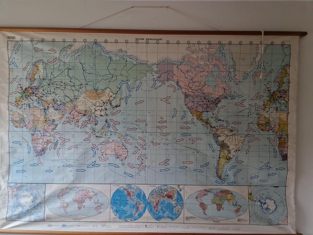 Vintage Wereldkaart -schoollaart Groot Formaat, Landkaart, 1800 tot 2000, Wereld, Ophalen