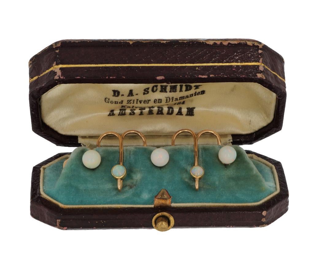 Opaal 14k gouden set antiek schuifjes knoopjes vintage, Ophalen of Verzenden, Goud, Manchetknopen, Met edelsteen