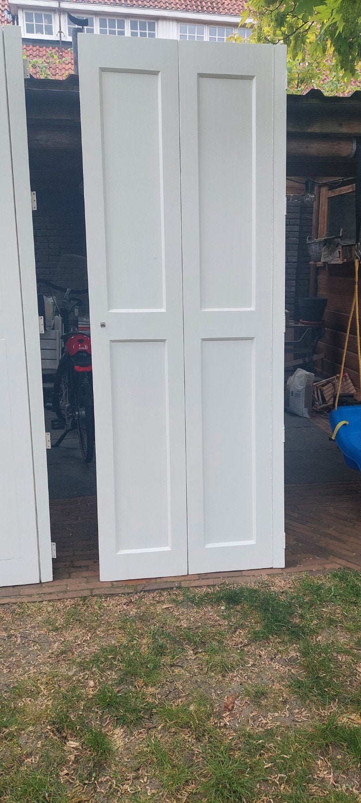 Set van 2 witte houten vouwdeuren, Ophalen, Gebruikt, 80 tot 100 cm, 215 cm of meer