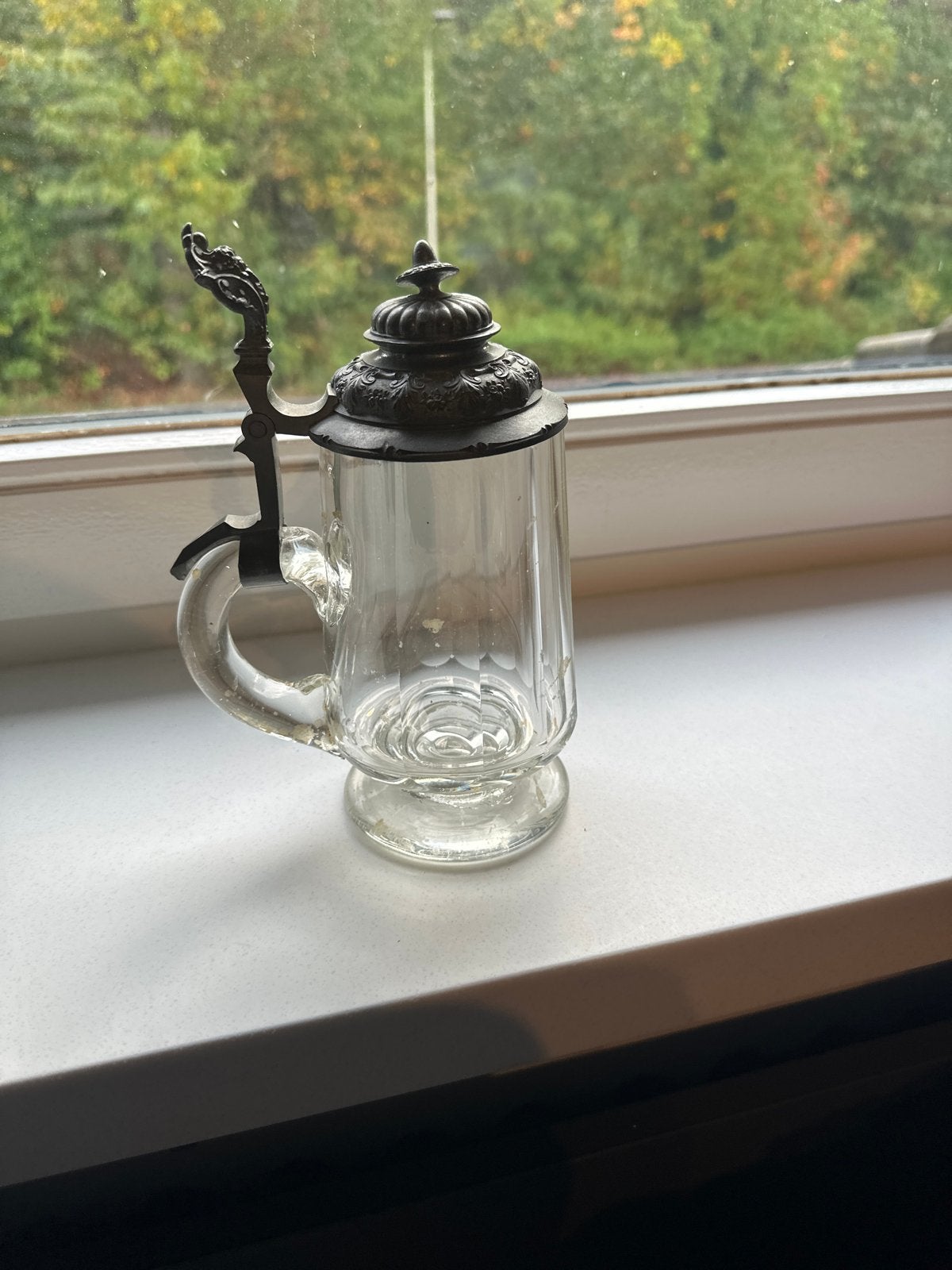 Antieke Glazen Bierpul met Tin Deksel, Antiek en Kunst, Ophalen of Verzenden